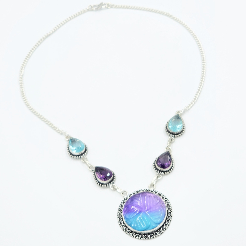 Carved Floral Bi-Color Tourmaline Amethyst Blue Topaz Necklace Hand Crafted